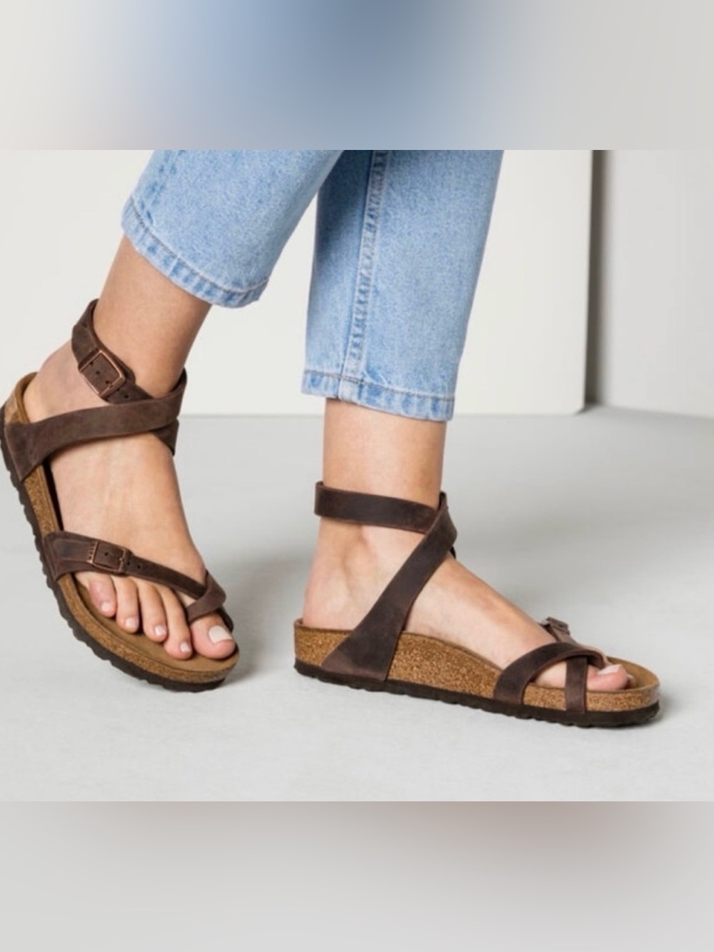 Birkenstock Yara Oiled Leather Brown Cork Ankle-Strap Sandals size 38/US7.5-8